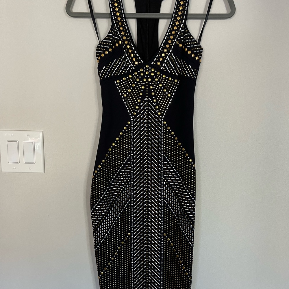 Bebe Black and Gold Embellished Bodycon Midi Dress